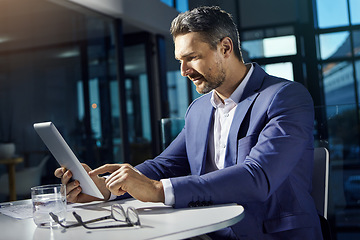 Image showing Technology, tablet and businessman online in office with smile checking crypto wallet with internet. Financial trading, cryptocurrency and investment, man at table with web research or data analytics