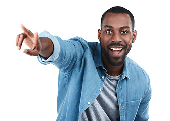 Image showing Black man, studio portrait and pointing for happiness, excited or motivation by white background. Isolated African model, man and happy with hand sign for direction, vision or goals with edgy fashion