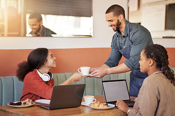 Image showing Cafe, happy or waiter with coffee for students eating breakfast, food or brunch at a table in the morning. Hospitality, restaurant or worker with a happy smile serving or giving tea to women or girls