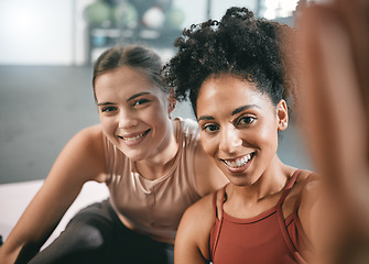 Image showing Fitness, friends and portrait at the gym for selfie, happy and smile before exercise routine. Workout, face and girls pose for photo, profile picture or post after training, cheerful and satisfied