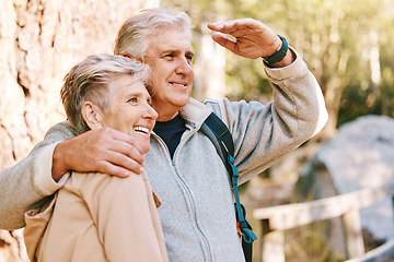 Image showing Fitness, nature view or senior couple hiking in forest woods for peace, freedom or training exercise workout. Love, retirement travel adventure and elderly people trekking on outdoor wellness journey