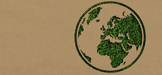 Image showing Earth, mockup and sustainability with an icon on a poster or sign for green environmental conservation. Nature, globe and earth day with a cardboard cutout as a symbol of global eco friendly growth