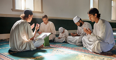 Image showing Muslim, child or men prayer to worship Allah in holy temple or mosque with gratitude as a family on Ramadan. Islamic, community or people in praying with boy or kid for Gods support, spiritual peace