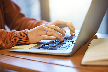 Image showing Woman with hands, laptop and student typing, education and writing report or essay, studying for exam at university. Scholarship, college student zoom and proposal, keyboard with email and wifi