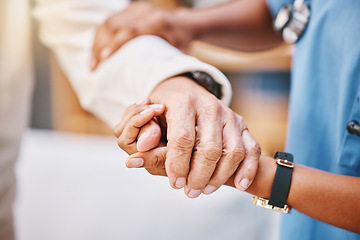 Image showing Nurse, hands and helping patient with walking, rehabilitation and elderly care in clinic. Closeup caregiver, nursing home and support of holding hands for healthcare safety, medical service and trust