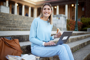 Image showing College, study and food with woman and laptop for education, lunch break and academy research. University, knowledge and goal with girl student and sandwich on stairs of campus for relax and learning