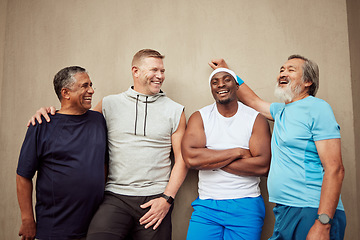 Image showing Happy men, exercise group and laughing in city on wall background outdoors. Smile, fitness and mature male friends with happiness for workout, wellness support and sports energy for healthy lifestyle