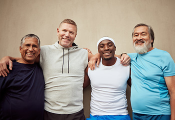 Image showing Happy men, exercise group and portrait in city on wall background outdoor. Smile, fitness and mature male friends with happiness for workout, community wellness or support of healthy sports diversity