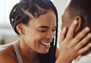 Image showing Black couple, face and laugh in bedroom, romance and morning for bonding, care and romance in home. Happy couple, smile and touch for happiness, holiday or vacation in hotel room, apartment and relax