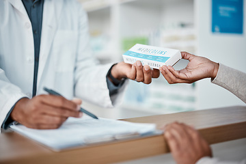 Image showing Healthcare, pharmacist hands with pills for woman at counter and medicine or prescription drugs at pharmacy. Health, wellness and medical insurance, man and drug store customer for health care advice