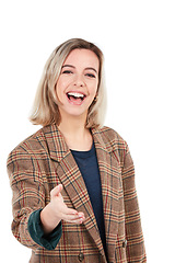 Image showing Handshake, welcome or hello with business woman in portrait, introduction and onboarding isolated on white background. Corporate recruitment, trust and communication with shaking hands in interview