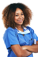 Image showing Nurse, portrait and black woman with arms crossed in studio isolated on white background. Medic, healthcare or confident, happy or proud female medical physician from Nigeria ready for wellness goals