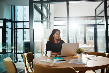 Image showing Office laptop, typing and black woman reading feedback review of social media, customer experience or ecommerce website. Data analytics, infographic and marketing employee analysis of online survey