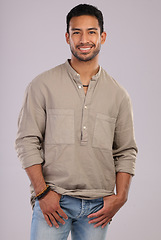 Image showing Happy, confident and portrait of a handsome Asian man isolated on a grey background in a studio. Fashion, stylish and young Japanese model in fashionable, cool and attractive clothes on a backdrop