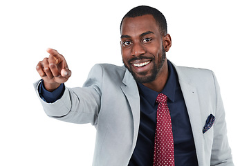 Image showing Businessman, portrait or pointing at studio space, advertising mockup or isolated white background. Smile, happy or corporate worker with showing hands gesture at sales deal, mock up or promotion