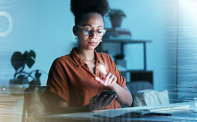 Image showing Hologram, futuristic overlay and black woman with phone in a business office reading code data. Fintech, invest and 3d information technology work of a finance worker with digital and future web job