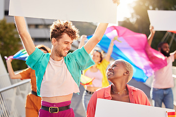 Image showing Support, poster and friends at a protest for lgbtq rights, pride event and celebration of love freedom. Happy, diversity and community with boards in city of Brazil for gay equality and sexual choice