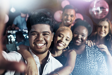 Image showing Friends, portrait or phone selfie on party dance floor in nightclub event, bokeh disco or global celebration. Smile, happy or bonding people on mobile photography pov, social media or profile picture