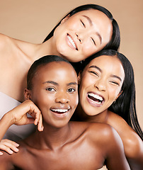 Image showing Friends, diversity and skincare, women smile together in happy portrait on studio background. Health, wellness and luxury cosmetics for skin care and beautiful multicultural people in natural makeup.