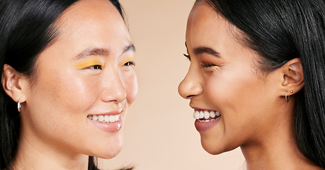 Image showing Face, makeup and diversity with model woman friends closeup in studio on a beige background. Skincare, beauty or cosmetics with an attractive young female and friend posing to promote a skin product