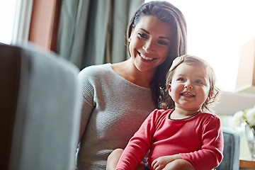 Image showing Relax, happy and smile with mother and baby on sofa for bonding, quality time and child development. Growth, support and trust with mom and daughter in family home for health, connection and care