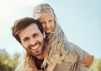 Image showing Portrait, father carry girl and outdoor for bonding, happiness and quality time together, smile and weekend break. Love, dad and daughter on back, nature and loving on break, happy or playful for fun