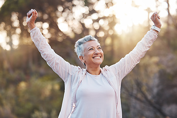 Image showing Senior woman, smile and nature while outdoor for freedom, happiness and a healthy lifestyle with fitness and fresh air. Face of happy black female at park for peace, health and wellness in summer