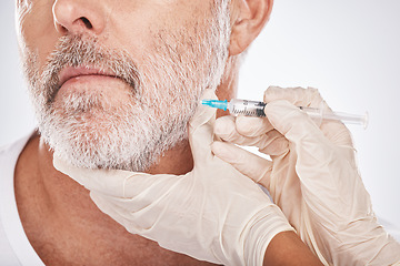 Image showing Man face, hands or cosmetic surgery injection on studio background for skincare collagen, medical dermatology or anti aging grooming. Zoom, plastic surgeon or mature patient needle for facial change