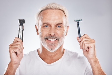 Image showing Portrait, senior man and razor for cosmetics, beauty and skincare on grey studio background. Face, mature male and elderly guy with electric trimmer, smile and hair products for hairstyle and happy