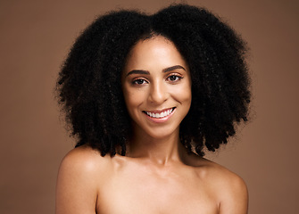 Image showing African hair, afro and portrait of model with clean shampoo hair care, healthy hair and wellness treatment. Spa salon, trichology and happy black woman with skincare glow, face makeup and cosmetics