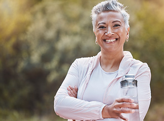 Image showing Portrait, senior woman and nature exercise with a water bottle while outdoor for fitness and a healthy lifestyle. Happy black female at the park for a cardio workout, health and wellness in summer