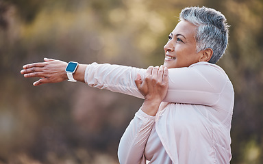 Image showing Fitness, happy or old woman stretching in nature to start training, hiking exercise or workout in Portugal. Wellness, warm up or healthy senior person smiles thinking of goals, vision or motivation