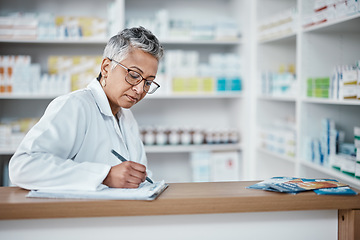 Image showing Pharmacy, woman and checklist on clipboard, paperwork and inventory management in wellness store. Mature female pharmacist writing notes for stocks manager, medicine product or retail health services