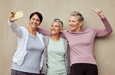 Image showing Phone selfie, senior women and peace sign fitness for exercise training, workout motivation or happy sports lifestyle. Elderly friends, smile and smartphone photography for strong woman athletes