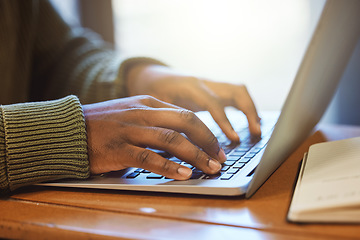 Image showing Laptop, hands and typing, student and education with report or essay writing, studying for exam for university. Scholarship, college student working closeup and proposal, keyboard with email and wifi