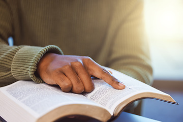 Image showing Hands, black man and reading books for knowledge, library and college education exam. Closeup finger on paper textbook for learning, studying and story for research project, analysis and information