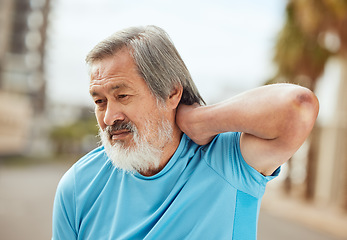 Image showing Senior asian man, fitness and back pain outdoor for exercise workout injury, training accident or retirement healthcare. Elderly athlete, runner stress and sports muscle pain emergency in city street