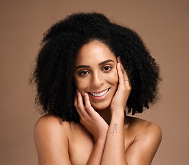 Image showing Black woman, portrait and hands with smile, makeup or cosmetic wellness for beauty, face or natural hair. Model, skincare glow and happy, self care or self love with healthy afro by studio background