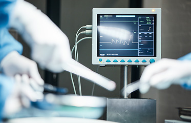 Image showing Electrocardiogram, hands of doctors with scalpel or team for surgery, healthcare or medical support. Zoom, monitor or nurse hand in theater for trust, insurance or surgeon in hospital operation room