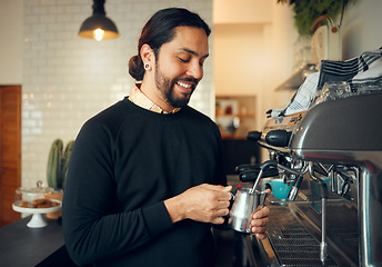 Image showing Cafe owner, working barista and coffee shop machine job for morning espresso at restaurant. Waiter, milk foam and small business work of a person working on drink order service as store manager