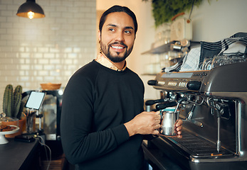 Image showing Cafe, barista and man at coffee machine milk steamer thinking with optimistic and happy smile. Professional coffee shop business owner and entrepreneur guy working at machine in Brazil.