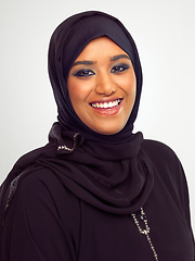 Image showing Islamic woman, smile portrait and hijab for religious fashion, culture clothes and happiness n white background. Muslim girl, face and happy, religion head scarf and Arabic beauty isolated in studio