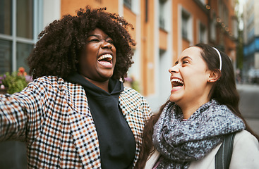 Image showing Friends laughing, funny with adventure and travel in city, happy people and women together in Italy for holiday. Happiness, comedy and diversity with vacation together, tourist and comic, fun and joy