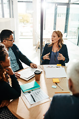 Image showing Strategy, question and planning of business people at meeting in corporate workplace together. Collaboration, brainstorming and explanation of idea with interracial employees in business meeting