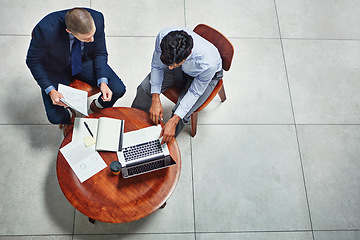 Image showing Data analysis, diversity or business people with laptop for investment strategy, finance growth or research. Teamwork, search or manager on tech planning, global economy or networking in office lobby