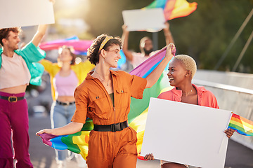 Image showing People, protest and march for LGBTQ with pride for gay, lesbian or bisexual sexuality together in the city. Happy group of homosexual women and men walking in street with billboards and rainbow flags