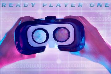 Image showing 3d, virtual reality headset and hands of man ready to explore cyber world. Binary metaverse, futuristic neon or pov of male player holding technology for vr exploration and gaming glasses for esports