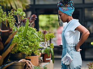 Image showing Black woman, small business and tired at plants shop for garden, nursery or greenhouse retail. Entrepreneur working outdoor at plants startup store for sustainability, green environment and gardening