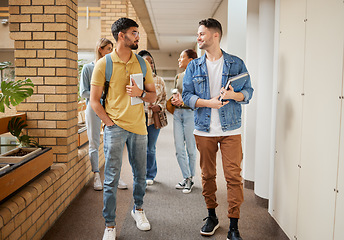 Image showing Education, smile and college with students on campus with books for learning, scholarship or knowledge. Study, future or university with people walking to class for back to school, academy or exam