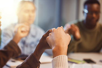 Image showing Holding hands, worship and praying with religion or spiritual, people together with trust and support. God, gratitude and diversity, Christian community faith zoom and praise in prayer group